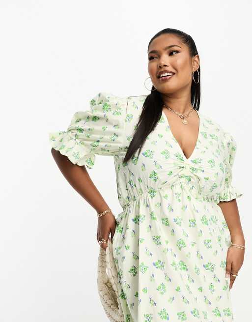 ASOS DESIGN Curve – Gräddvit och grönblommig smockklänning i bomull och midilängd , 4 av 4