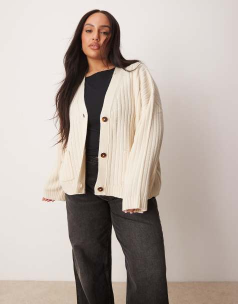 ASOS DESIGN Curve – Gräddvit, ribbad kofta med boxig passform och lång modell - view 1