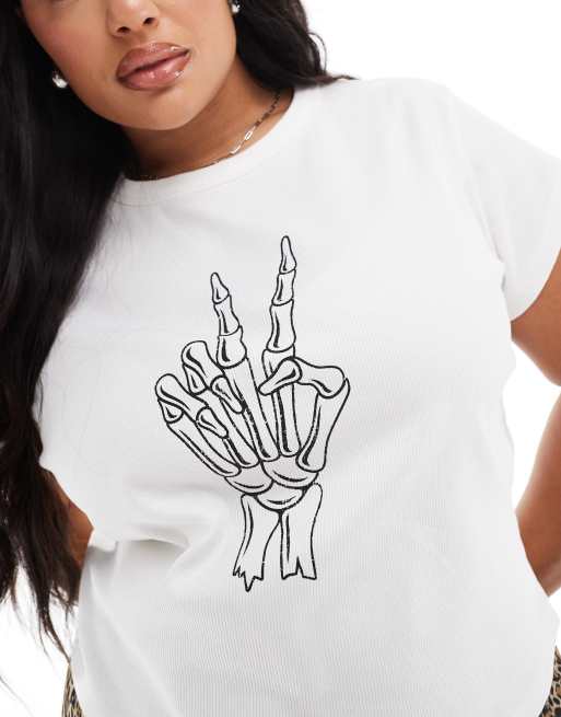 ASOS DESIGN Curve – Gräddvit, ribbad t-shirt i baby-design med "skeleton peace"-tryck, 4 av 4