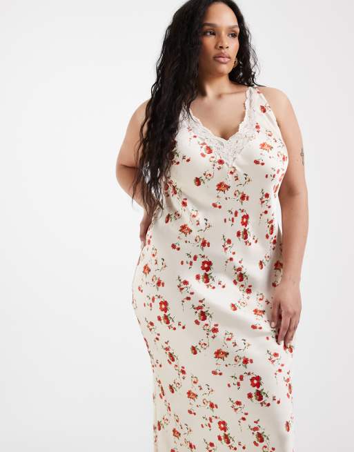 ASOS DESIGN Curve – Gräddvit, rödblommig maxiklänning i matt satin och spets med v-ringning, 2 av 4