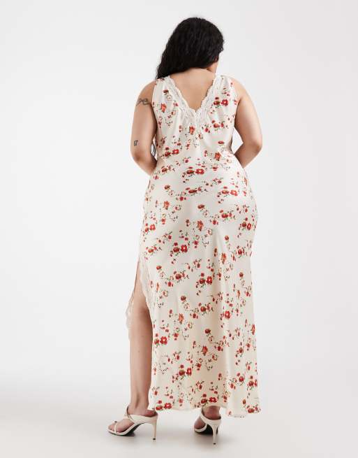 ASOS DESIGN Curve – Gräddvit, rödblommig maxiklänning i matt satin och spets med v-ringning, 4 av 4