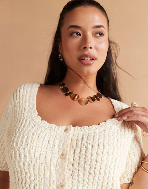 ASOS DESIGN Curve – Gräddvit, stickad kofta i texturerat garn med djup halsringning och knäppning, 2 av 4