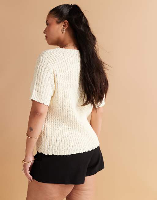 ASOS DESIGN Curve – Gräddvit, stickad kofta i texturerat garn med djup halsringning och knäppning, 4 av 4