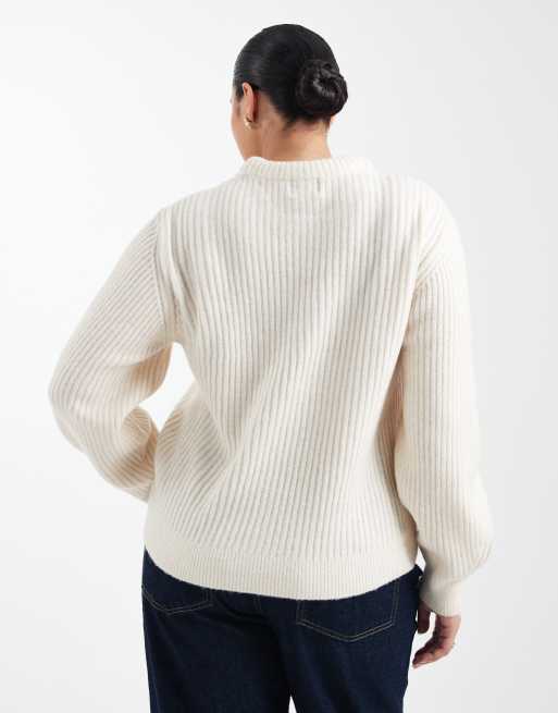 ASOS DESIGN Curve – Gräddvit tröja med rund halsringning och ribbad detalj, 4 av 4