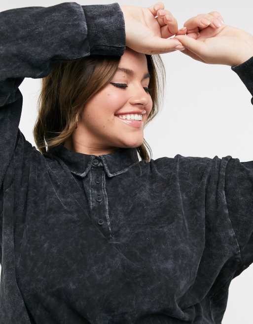 ASOS DESIGN Curve – Grafitgrå pikétröja i oversize-modell med långa ärmar och tvättad finish, 3 av 4