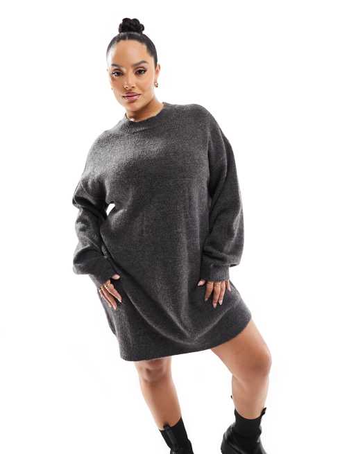 ASOS DESIGN Curve – Grafitowa dzianinowa sukienka mini z okrągłym dekoltem