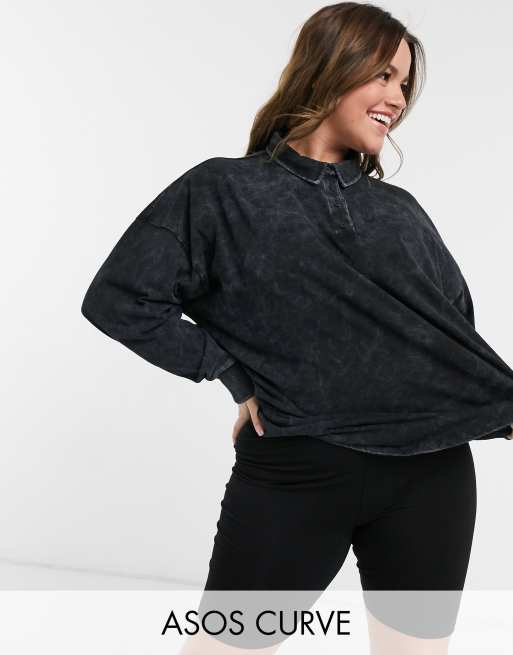 ASOS DESIGN Curve – Grafitowa koszulka polo oversize z długim rękawem i efektem sprania