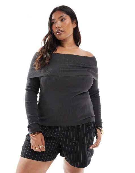 ASOS DESIGN Curve structured off the shoulder bardot top in charcoal