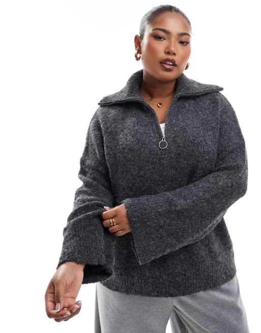 ASOS DESIGN Curve – Grafitowy sweter z puszystej przędzy z zamkiem pod szyją