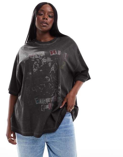 ASOS DESIGN Curve – Grafitowy T-shirt o fasonie boyfriend z efektem sprania i grafiką w stylu punk rich rock