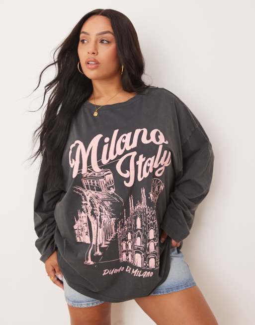 ASOS DESIGN Curve – Grafitowy T-shirt oversize o fasonie skater z długim rękawem i grafiką z napisem Milano