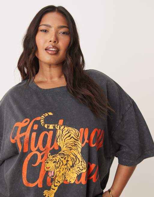 ASOS DESIGN Curve – Grafitowy T-shirt oversize z grafiką tygrysa i napisem „Chicago”