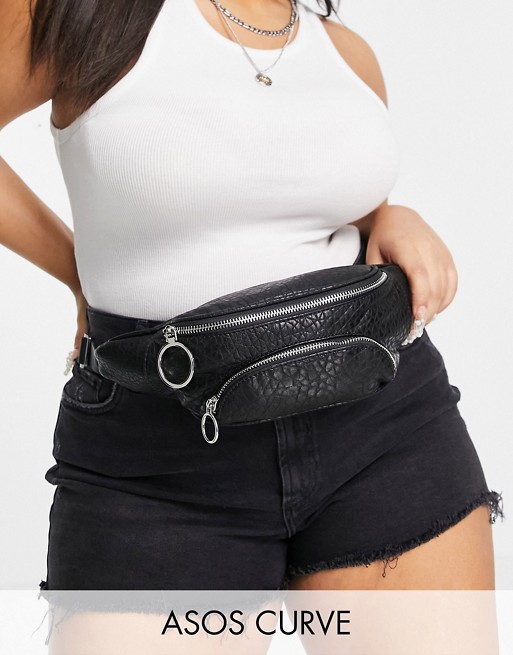 ASOS DESIGN Curve grainy bum bag with silver zips in black