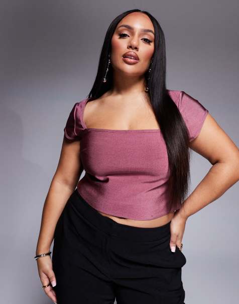 ASOS DESIGN Curve - Grålilla top med afkortede ærmer og firkantet hals i bandage-stof - view 1