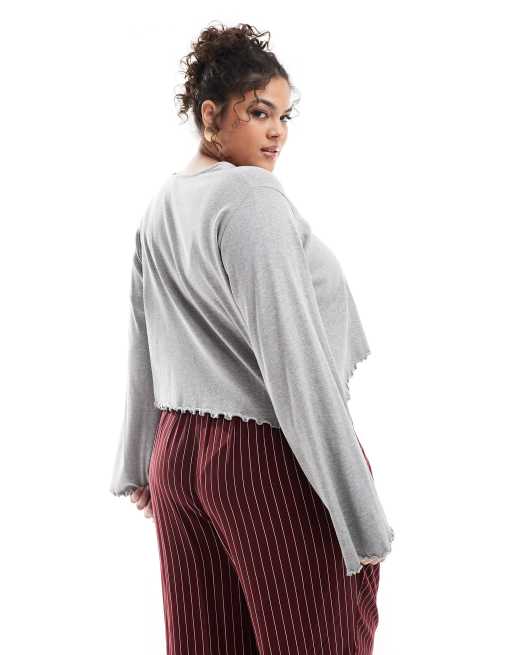 ASOS DESIGN Curve – Gråmelerad, långärmad t-shirt med rullfåll, 4 av 4