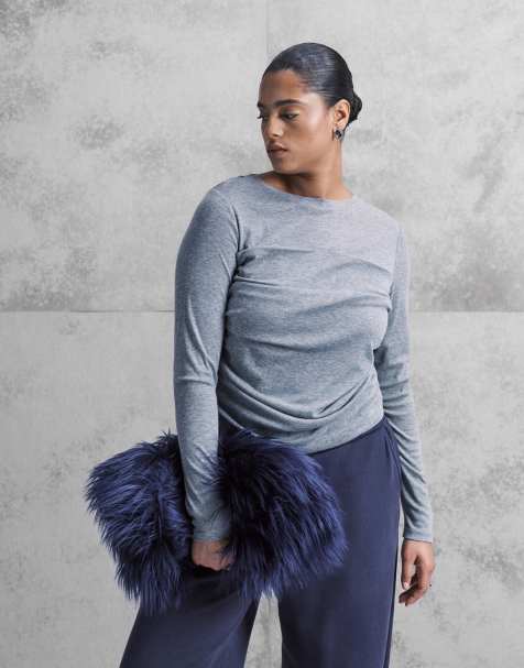 ASOS DESIGN Curve – Gråmelerad, mjuk, draperad T-shirt i jersey med långa ärmar - view 1