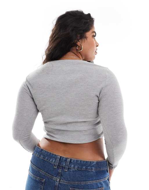 ASOS DESIGN Curve - Gråmeleret og langærmet croptop med V-hals og vaffeltekstur, 4 af 4