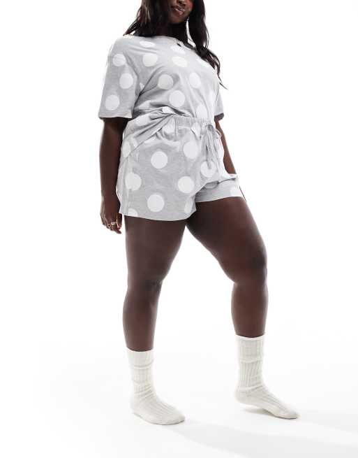 ASOS DESIGN Curve - Gråmeleret pyjamassæt med oversized T-shirt og shorts med prikker, 2 af 4