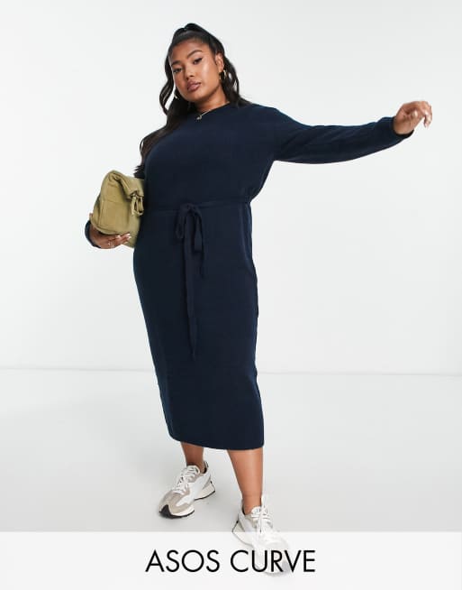 ASOS DESIGN Curve – Granatowa dzianinowa sukienka midi z wiązaniem w talii