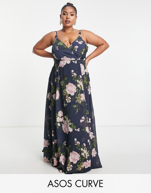 ASOS DESIGN Curve – Granatowa kopertowa sukienka maxi na ramiączkach w kwiatowy wzór