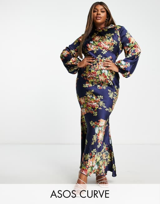 ASOS DESIGN Curve – Granatowa sukienka maxi w kwiatowy wzór z golfem i rozkloszowanymi mankietami