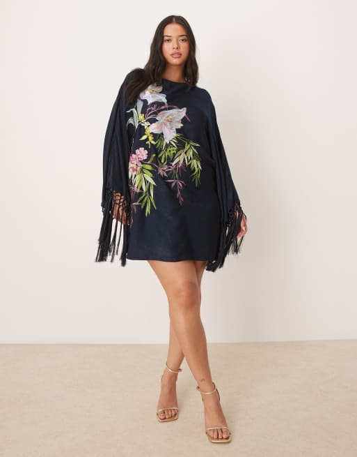 ASOS DESIGN Curve – Granatowa sukienka mini z długimi rękawami i frędzlami w kwiatowy haftowany wzór