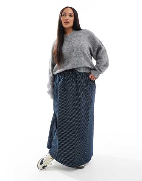 ASOS DESIGN Curve – Granatowa, trapezowa spódnica midi z wiązaniem w talii, w paski - view 1