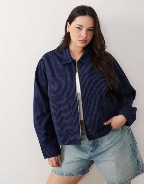ASOS DESIGN Curve – Granatowa zapinana na zamek kurtka w prążki z kołnierzem - view 1