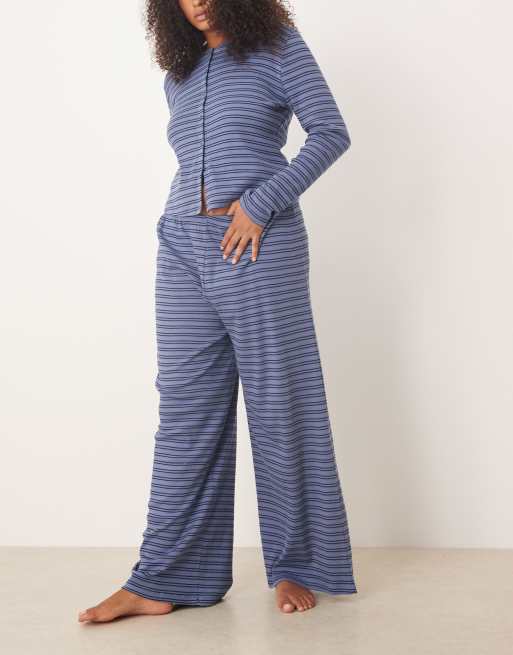 ASOS DESIGN Curve – Granatowe prążkowane spodnie z szerokimi nogawkami w paski, 4 z 4
