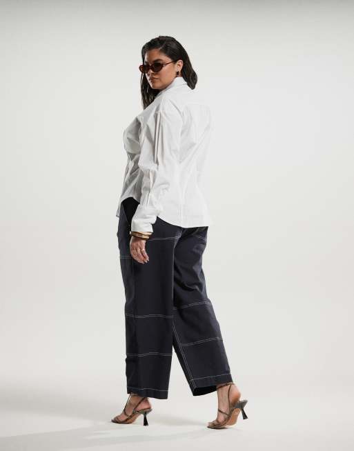 ASOS DESIGN Curve – Granatowe spodnie barrel z kontrastowym szwem, 2 z 5