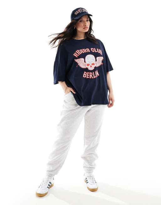 ASOS DESIGN Curve – Granatowy gruby T-shirt o fasonie boyfriend z rockową grafiką „Riders Club“