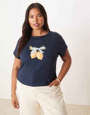 ASOS DESIGN Curve – Granatowy, krótki, przylegający T-shirt z grafiką cytryn z kokardką w kratkę vichy - view 1