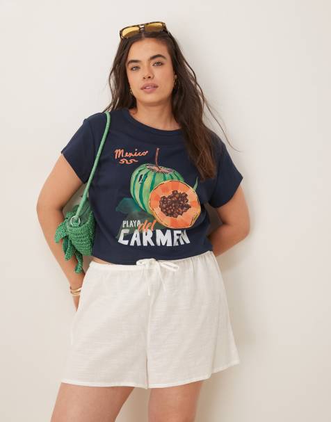 ASOS DESIGN Curve – Granatowy przylegający T-shirt z grafiką owoców i napisem „Playa Del Carmen” - view 1