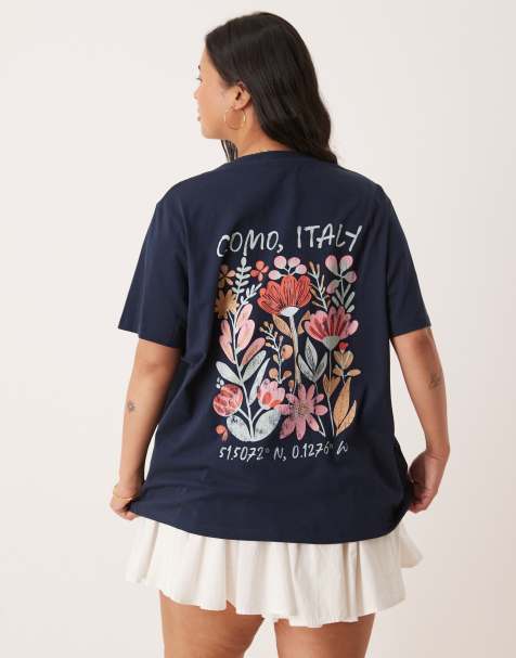 ASOS DESIGN Curve – Granatowy T-shirt o regularnym kroju, z kwiatowym nadrukiem i napisem „Como Italy" - view 1