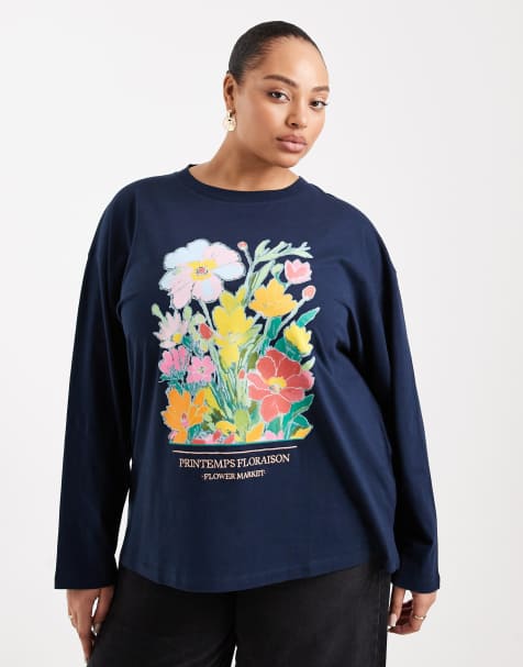 ASOS DESIGN Curve – Granatowy T-shirt z długim rękawem i grafiką z kwiatami - view 1