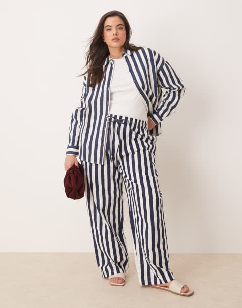 ASOS DESIGN Curve – Granatowy zestaw w paski o lnianym wyglądzie z koszulą i wciąganymi spodniami - view 1