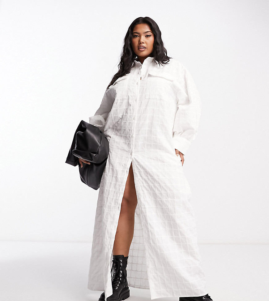 ASOS DESIGN Curve grid texture maxi shirt dress in white