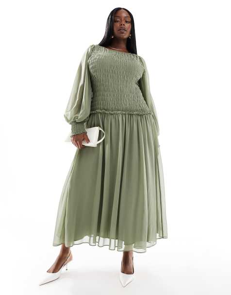 ASOS DESIGN Curve - Grøn midikjole med rynket overdel og snøredetalje på ryggen - view 1