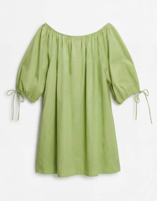 ASOS DESIGN Curve - Grøn minikjole med dyb rund hals og bindebånd på ærmerne i poplin, 6 af 8