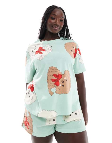 ASOS DESIGN Curve - Grønt og oversized pyjamassæt med T-shirt og shorts med print af hunde med sløjfer - view 1
