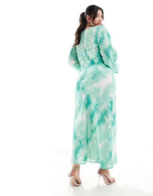 ASOS DESIGN Curve – Grön, batikfärgad, skir midiklänning med knut framtill, 3 av 4