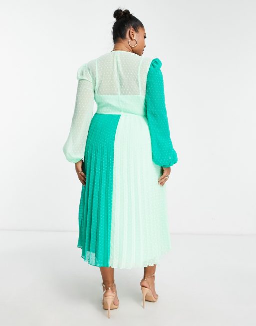 ASOS DESIGN Curve – Grön, blockfärgad, plisserad midiklänning med snurrad knut framtill av dobbyväv, 2 av 4