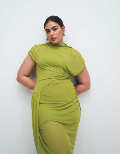 ASOS DESIGN Curve – Grön, draperad midiklänning i mesh med capedetalj - view 1