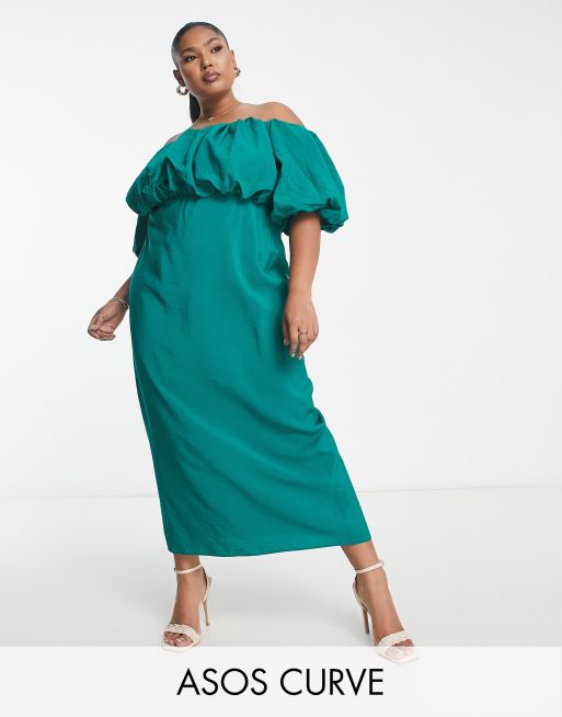 ASOS DESIGN Curve – Grön midiklänning i off shoulder-modell med puffig detalj