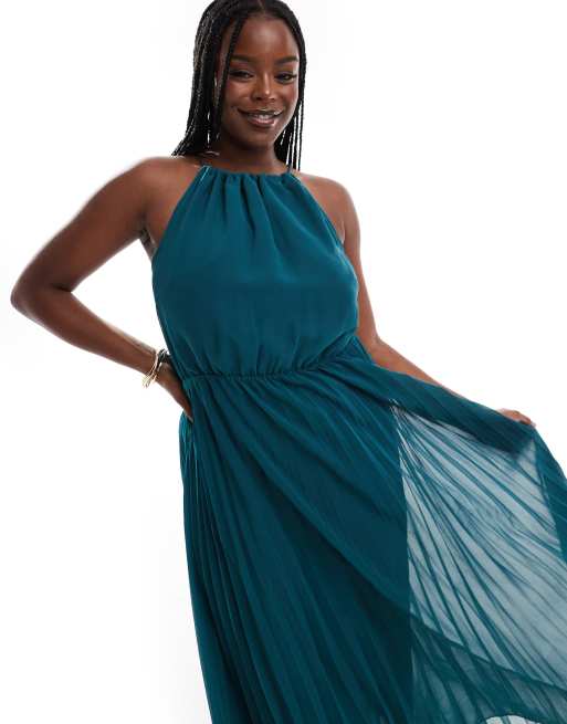 ASOS DESIGN Curve – Grön midiklänning i plisserad chiffon med halterneck, 4 av 4