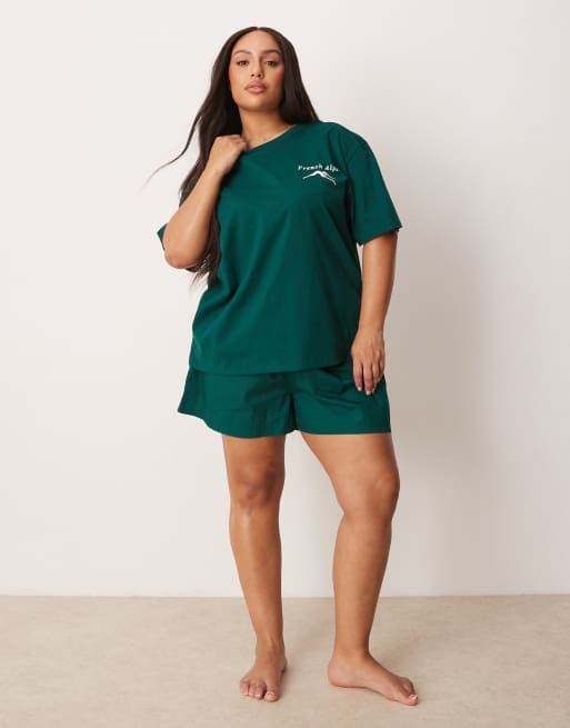 ASOS DESIGN Curve – Grön pyjamas med t-shirt i oversize och boxershorts, 2 av 4