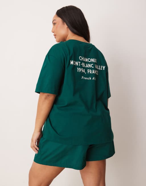 ASOS DESIGN Curve – Grön pyjamas med t-shirt i oversize och boxershorts, 3 av 4
