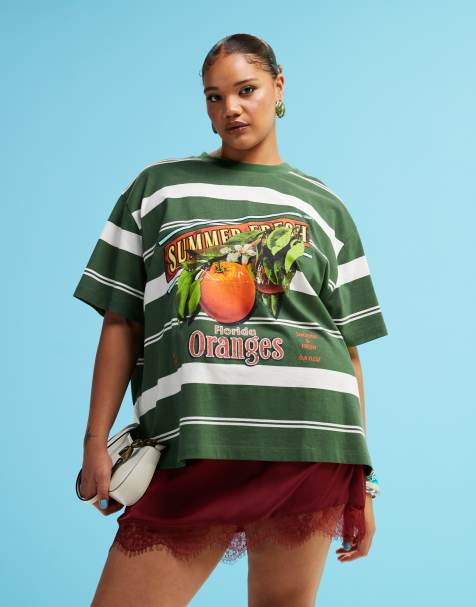 ASOS DESIGN Curve – Grön, randig T-shirt i oversize med apelsintryck - view 1