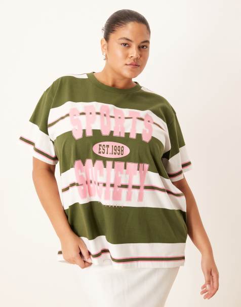 ASOS DESIGN Curve – Grön, randig t-shirt i oversize med "sports society"-tryck - view 1