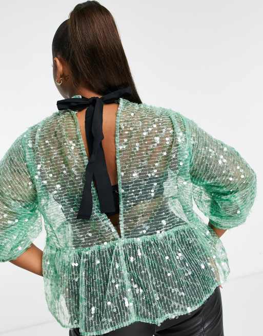 ASOS DESIGN Curve – Grön topp i peplum-modell med hög krage och paljetter, 2 av 4